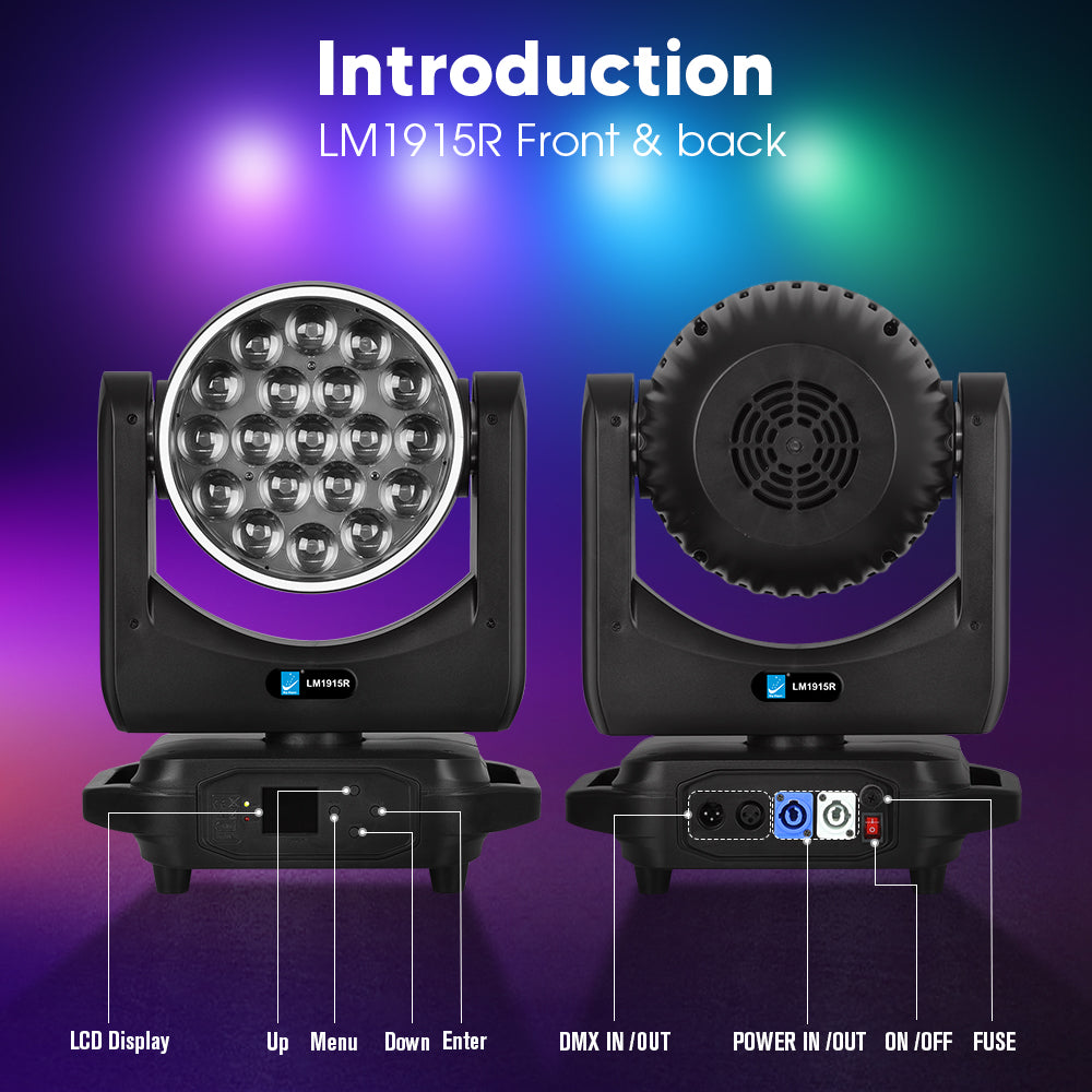 19x15w RGBW 4in1 LED Bee Eyes Zoom Focusing Wash Moving Head Lights