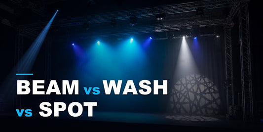 Beam, wash and spot moving head lights compared on a professional stage