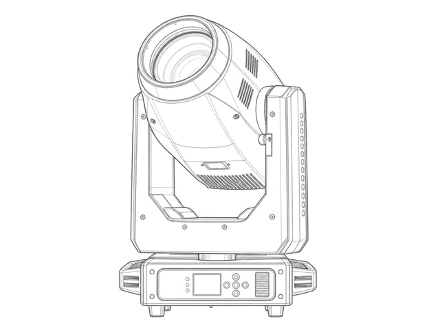Light gray industrial line art of a professional beam moving head stage light