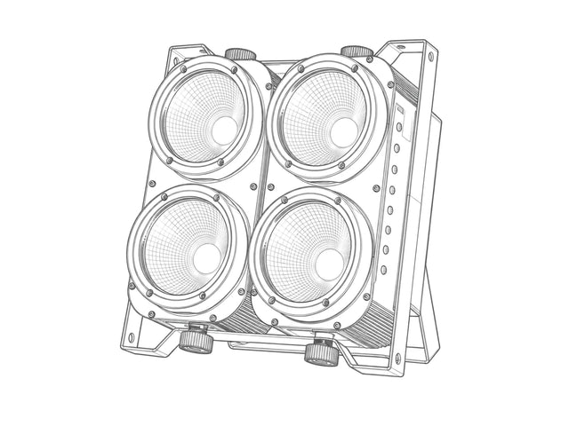 Light gray industrial line art of a four-cell COB LED PAR stage light