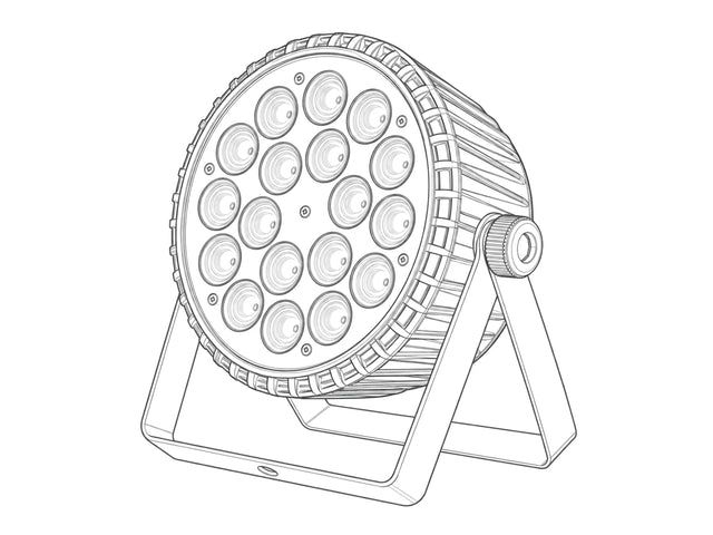 Light gray industrial line art of an 18-lens LED PAR stage light