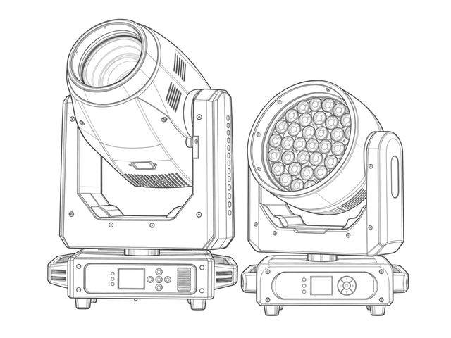 Light gray industrial line art of beam and wash moving head stage lights