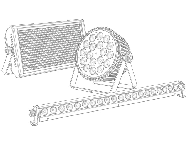 Light gray industrial line art of LED strobe, PAR and wash bar stage lights
