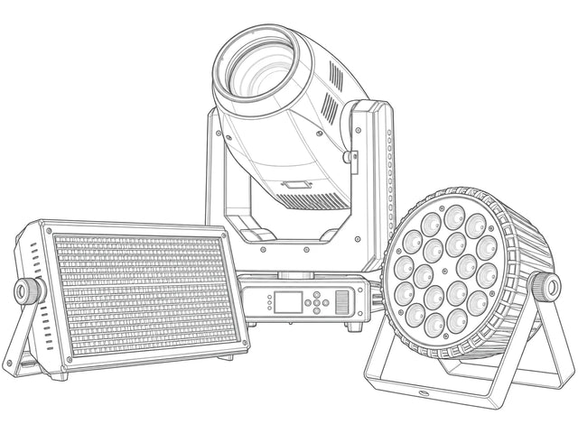 Light gray industrial line art of representative moving head, strobe and LED PAR stage lights