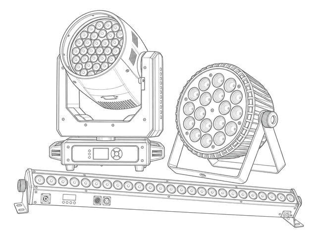 Light gray industrial line art of moving head, PAR and wash bar stage lights