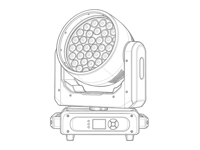 Light gray industrial line art of a multi-lens wash moving head stage light