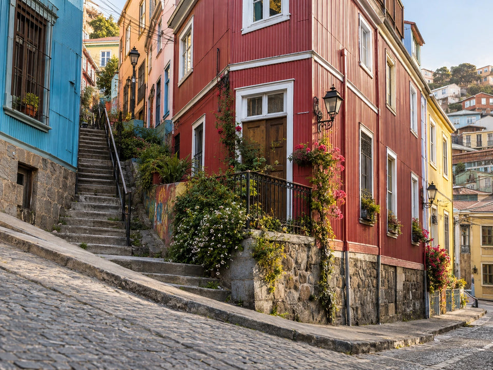 Colorful hillside street and steps in Valparaiso, Chile